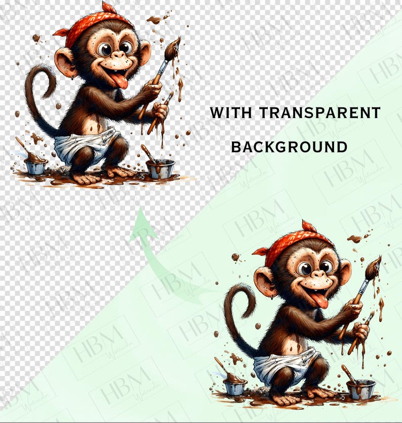 May include: A cartoon monkey with a red bandana and a white diaper is depicted holding paintbrushes and splattering brown paint. The image includes the text "WITH TRANSPARENT BACKGROUND".