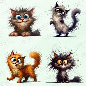 May include: Four cartoon cats with different fur colors and styles. The cats have large eyes and are drawn in a whimsical style.