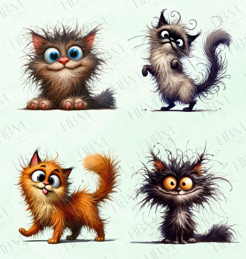 May include: Four cartoon cats with different fur colors and styles. The cats have large eyes and are drawn in a whimsical style.