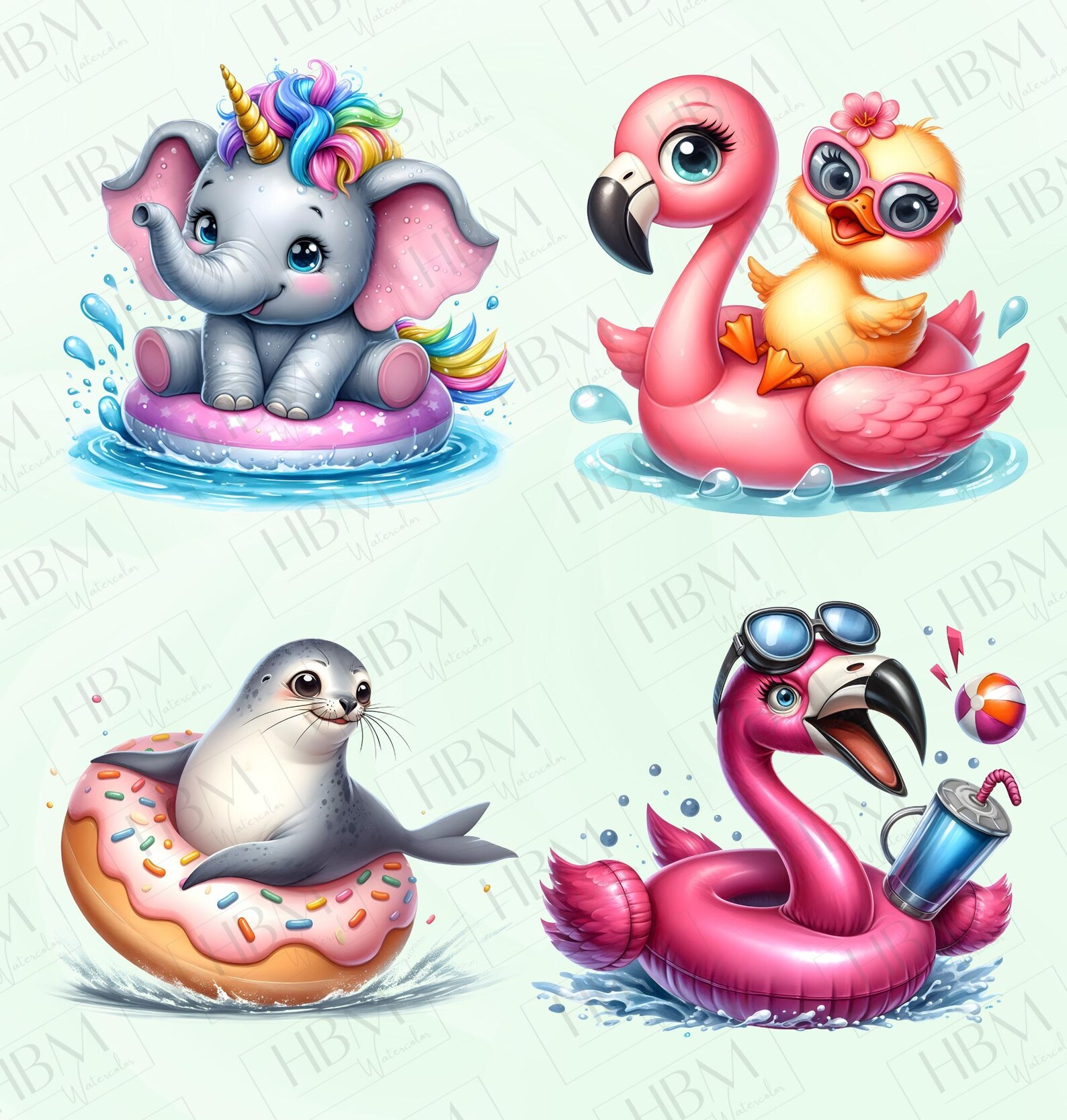 Funny Cute Pool Float Clipart Bundle, Cute Animal Graphics, Kawaii ...
