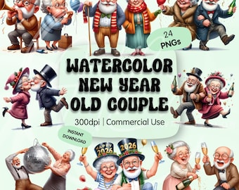 Funny Watercolor New Year Old Couple Clipart Bundle, Whimsical Grandma Stickers, Adorable Festive Grandpa PNG for Decor, Commercial Use
