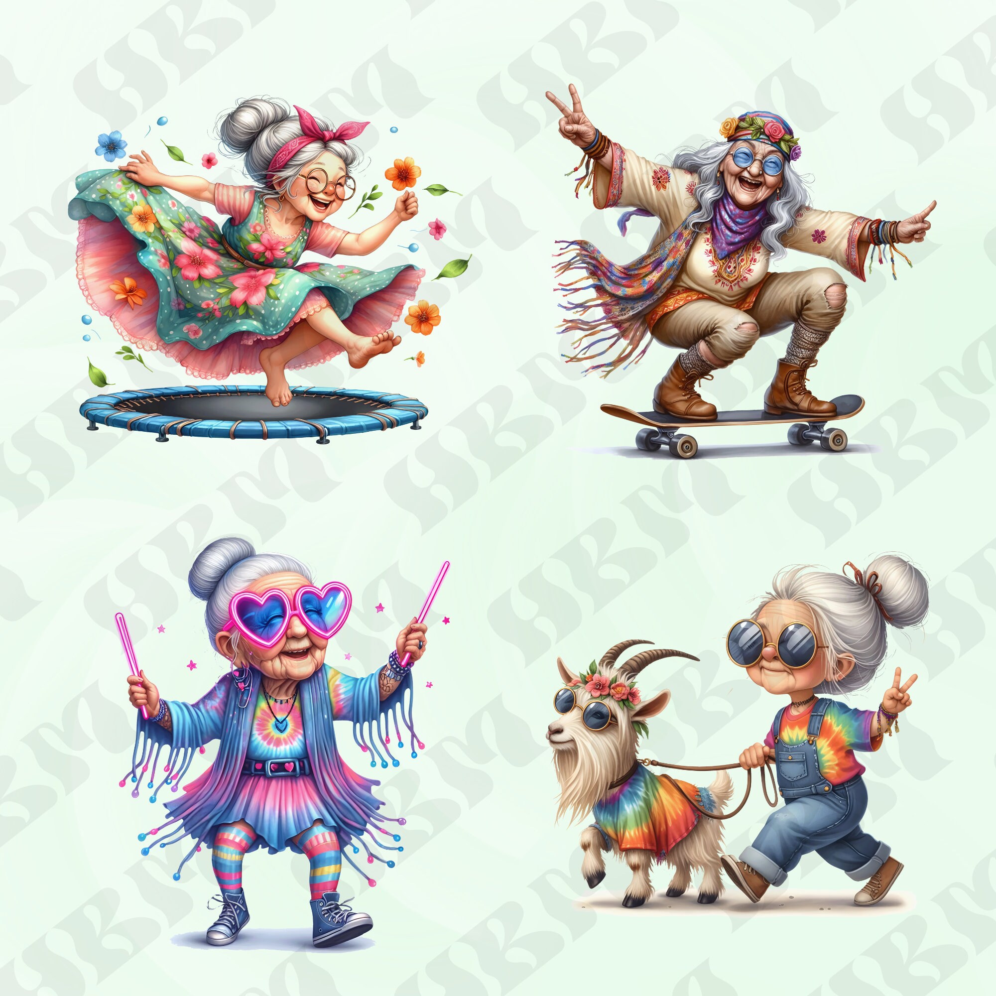 Funny Watercolor Hippie Old Ladies Clipart Bundle, Comical Grandma ...