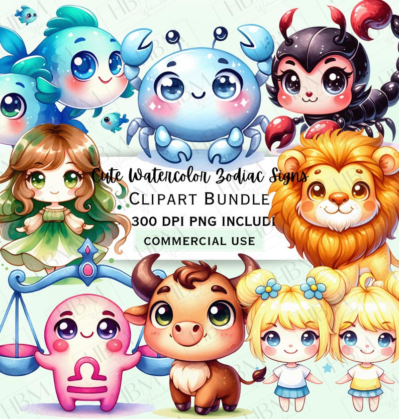 Cute Watercolor Zodiac Signs Clipart Bundle, Horoscope Graphics ...