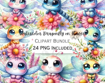 Könnte beinhalten: Aquarell-Clipart-Paket mit 24 PNG-Bildern mit niedlichen Cartoon-Libellen mit großen Augen, die auf bunten Blumen sitzen. Die Libellen sind in verschiedenen Farben, darunter Blau, Gelb, Grün und Pink.