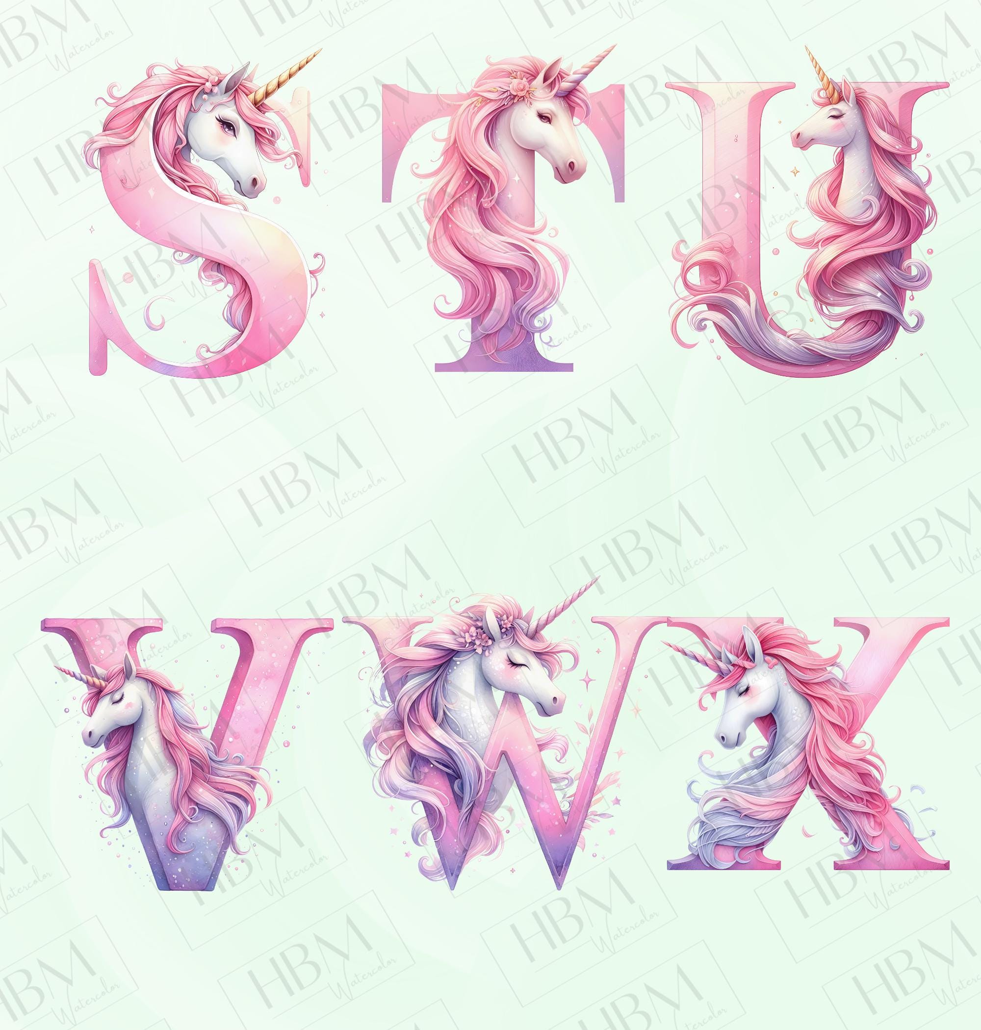 Watercolor Unicorn Alphabet Clipart Bundle, Whimsical Number Graphics ...