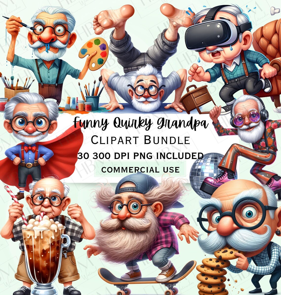 Funny Quirky Grandpa Clipart Bundle, Retro Senior Watercolor PNG, Cute ...