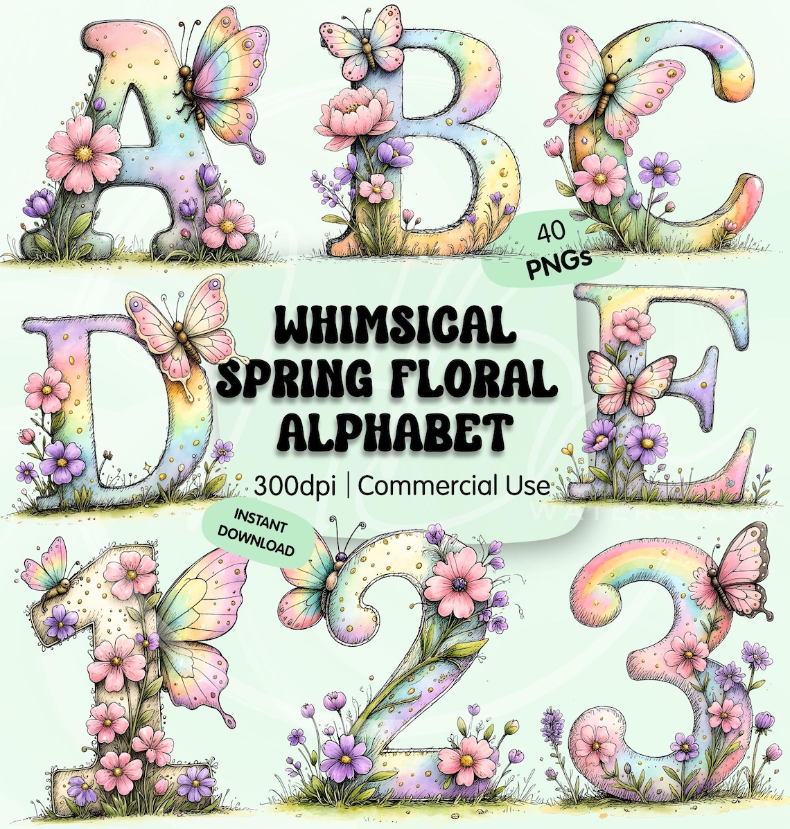 Whimsical Spring Floral Alphabet Clipart Bundle, Pastel Butterfly ABC ...