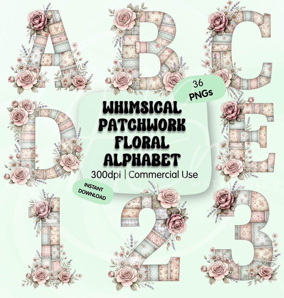 Whimsical Patchwork Floral Alphabet PNG Clipart Bundle, Vintage ...