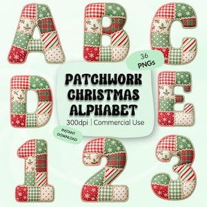 Pode incluir: Uma coleção digital de letras A, B, C, D, E e números 1, 2, 3 com design de patchwork em padrões natalinos vermelhos, verdes e brancos. O texto diz: 36 PNGs, PATCHWORK CHRISTMAS ALPHABET, 300dpi | Commercial Use, INSTANT DOWNLOAD.