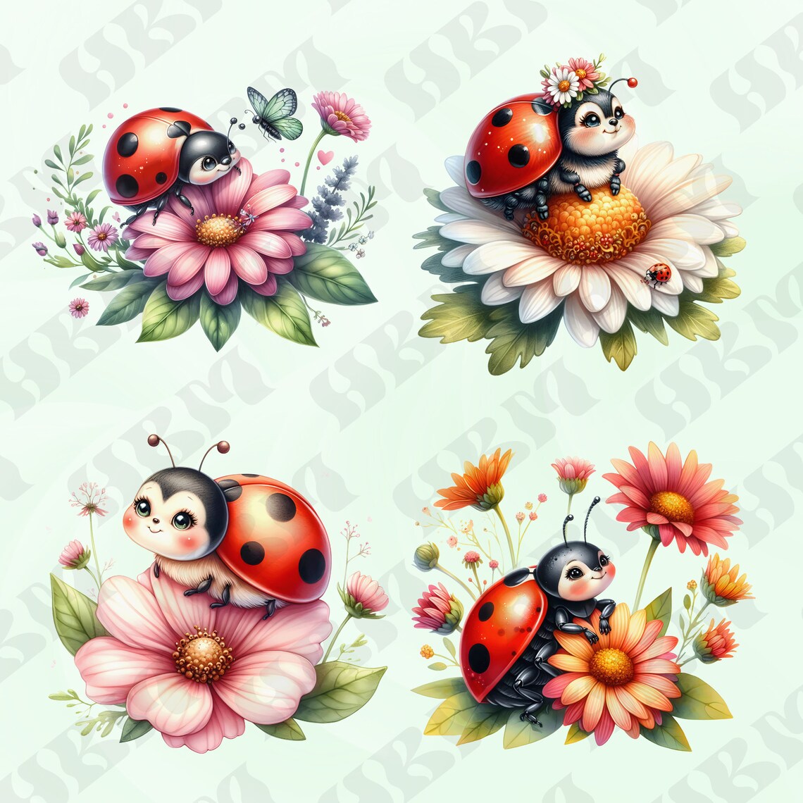 Cute Watercolor Lady Bugs Clipart Bundle, Beetle Nursery Decor, Flowers ...
