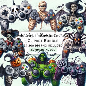 May include: A set of 24 digital clipart images of Halloween themed video game controllers. The controllers feature various Halloween characters such as a mummy, a skeleton, a pumpkin, a spider, and a ghost. The images are 300 DPI and are for commercial use.