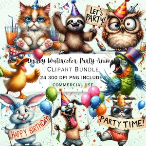 Bundle de cliparts drôles de fêtards, autocollants aquarelle humoristiques, personnages fantaisistes idiots PNG pour invitations, usage Commercial