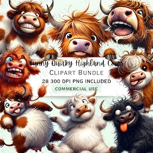 Lustig schrullige Highland Kuh Clipart Bundle, Aquarell Bulle Aufkleber, verrückte wunderliche Rinder PNG für Einladungen, kommerzielle Nutzung