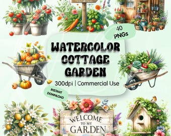 Cottage Garden Clipart Bundle, Watercolor Gardening PNGs, Rustic Farmhouse Art, Pastel Cottagecore Sublimation Graphic, Instant Download