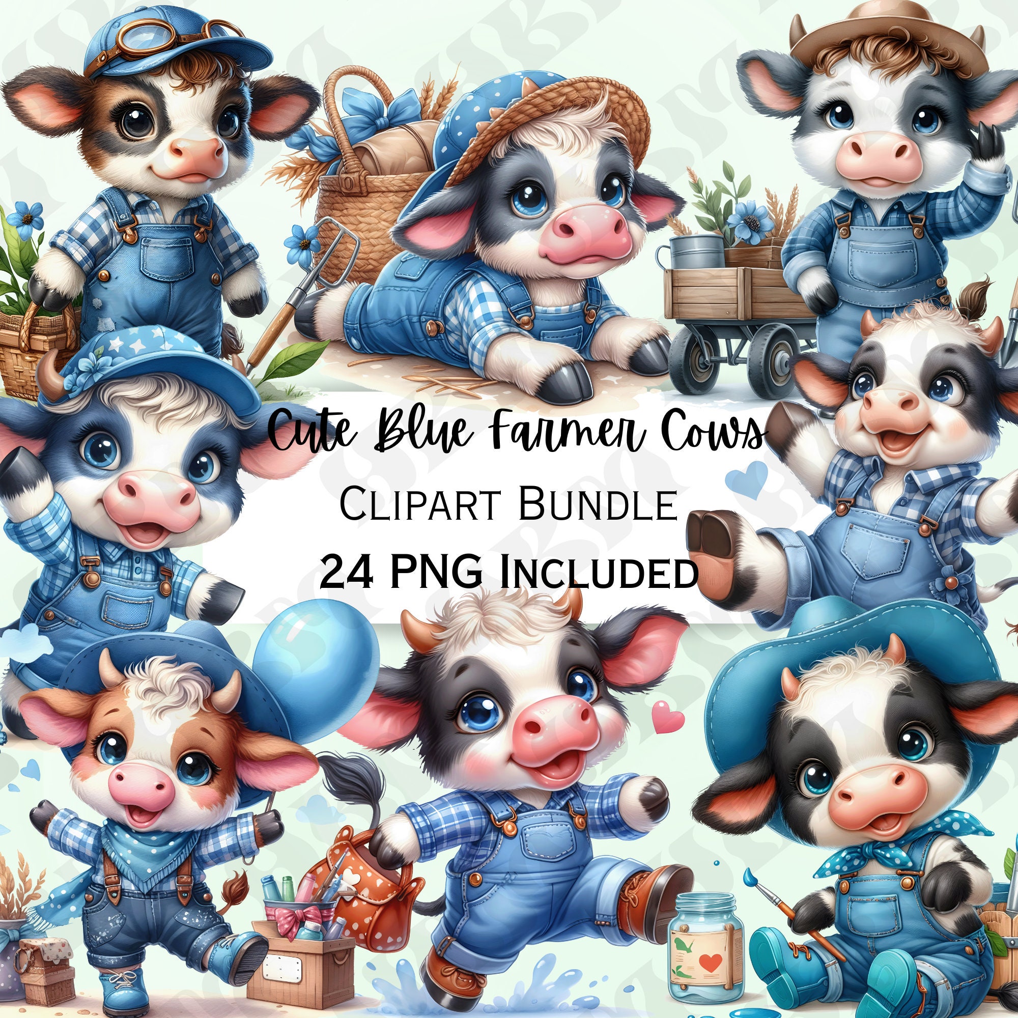 Funny Cute Watercolor Farm Cows Clipart Bundle, Whimsical Animals ...