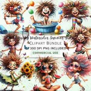 Bundle de cliparts original aquarelle filles d'été, autocollants saisonniers fantaisistes, enfants idiots drôles PNG pour décorations, usage Commercial
