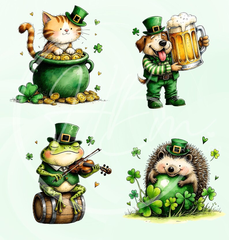 Whimsical St Patricks Day Animals PNG Clipart Bundle, Funny Irish ...