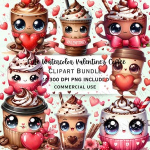 Joli lot de cliparts boissons aquarelle Saint-Valentin, graphiques romantiques de cacao chaud, adorables amour coeurs café boissons PNG, usage Commercial
