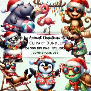 Eigenzinnige aquarel dierlijke kerst clipart bundel, grappige zomer sticker, schattige kerstmuts decoratie, grillige kerst png, commercieel gebruik