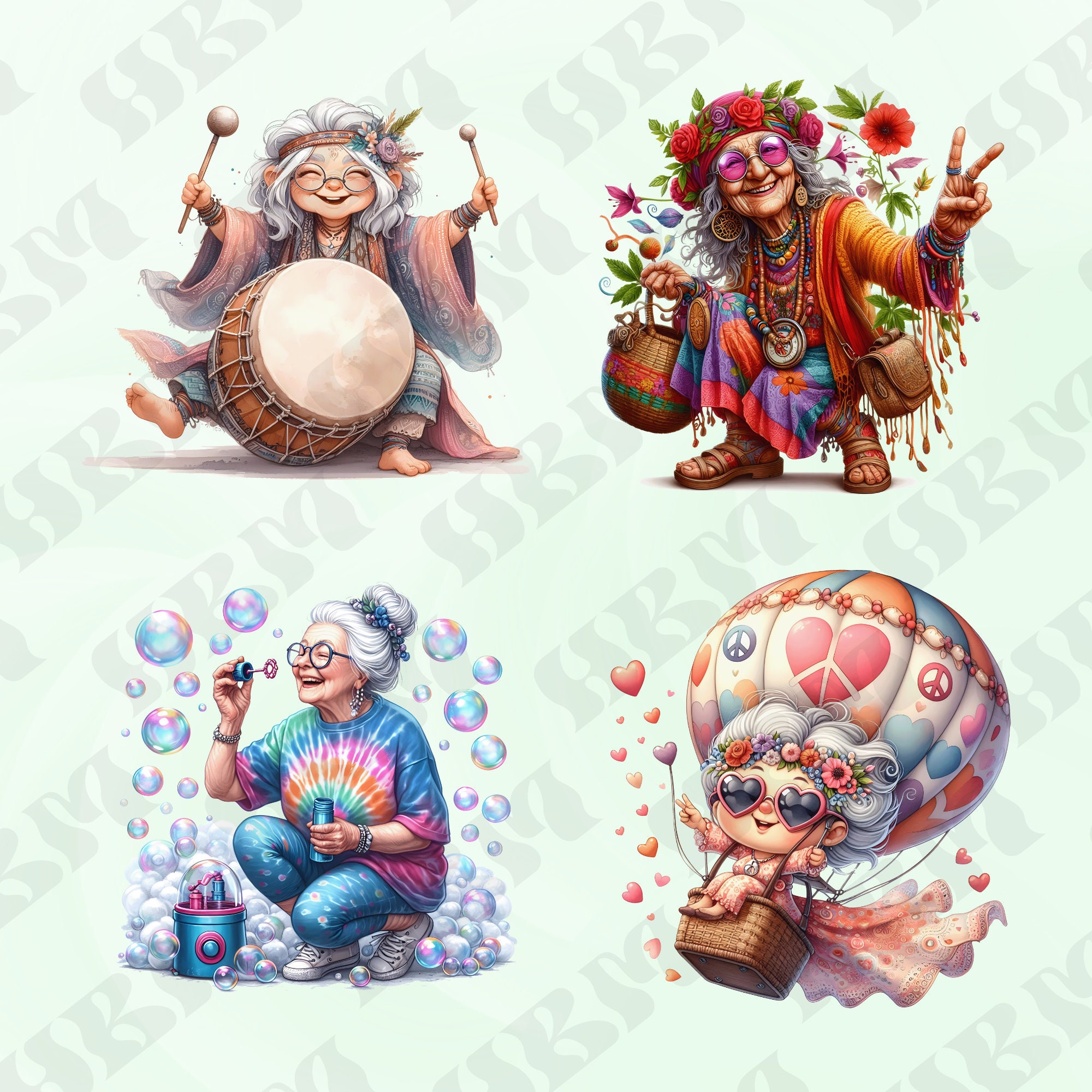 Funny Watercolor Hippie Old Ladies Clipart Bundle, Comical Grandma ...