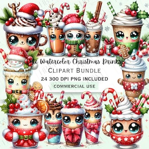 Söt akvarell juldrycker Clipart-paket, festlig varm chokladgrafik, bedårande julkaffedrycker PNG, kommersiellt bruk