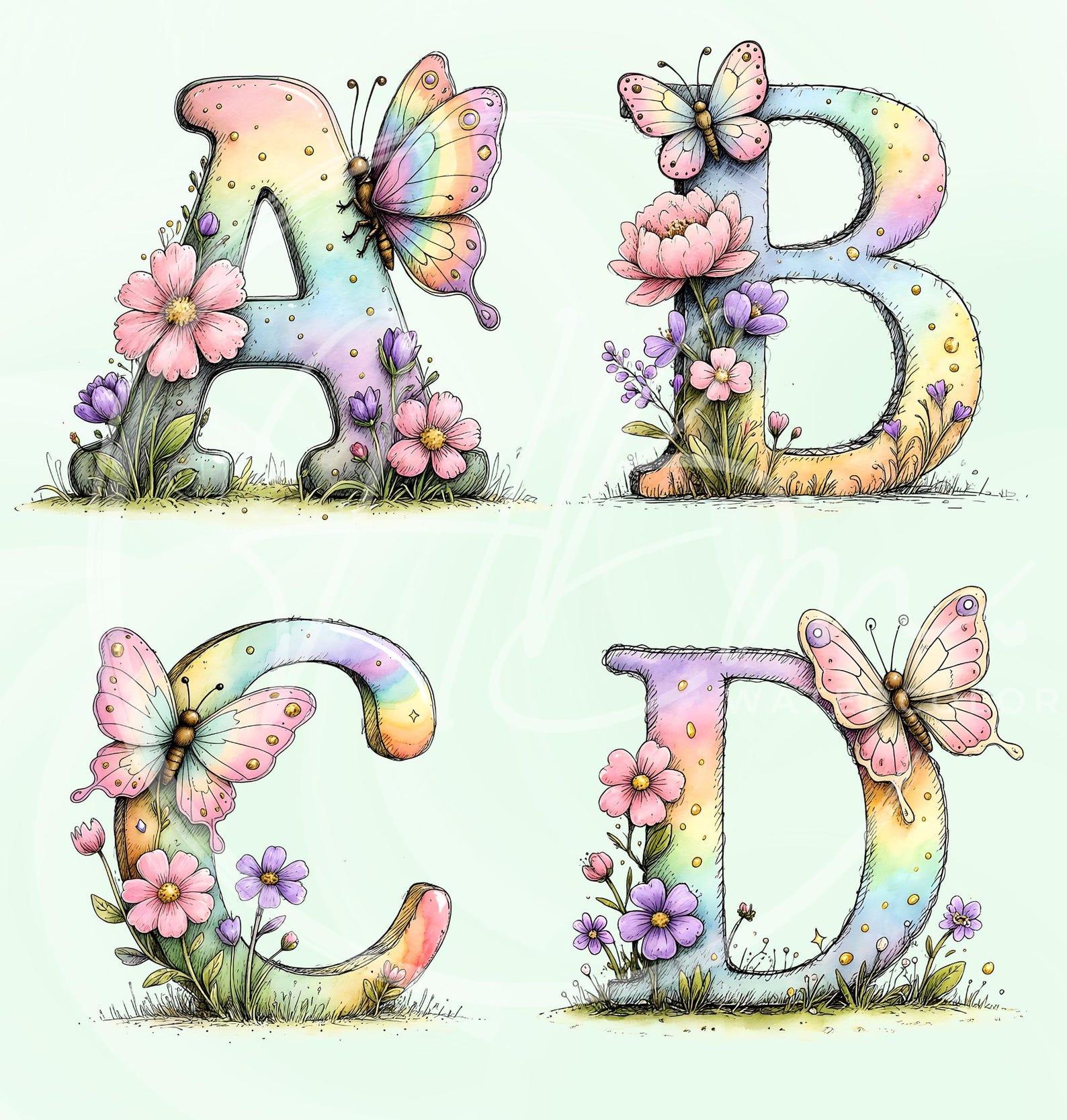 Whimsical Spring Floral Alphabet Clipart Bundle, Pastel Butterfly ABC ...