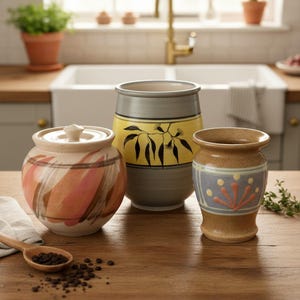 May include: Three ceramic kitchen canisters with distinctive designs. One has a lid and pink and brown brushstrokes. The middle canister is grey and yellow with a black leaf design. The third is tan with a blue and orange floral pattern.