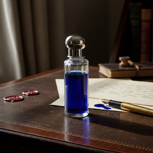 May include: A clear glass ink bottle with a silver cap, filled with vibrant blue ink. A gold fountain pen and a sheet of paper with handwritten text are on a dark brown leather surface. Two red wax seals are also visible.