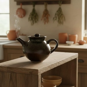 May include: A dark brown ceramic teapot with a glossy finish and a rounded body, featuring a curved handle, a short spout, and a lid. Wisps of steam rise from the spout, indicating the contents are hot. The teapot sits on a wooden surface.