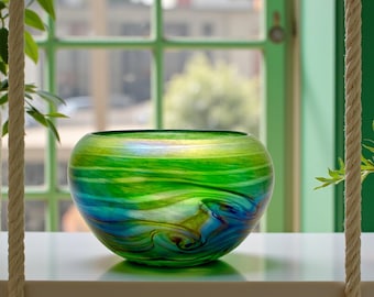 John Ditchfield for Glasform Iridescent Green Glass Bowl, Blue/Green Ribbons & Swirls, c1990s, Signed