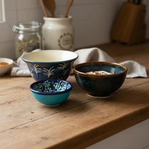 May include: Three ceramic bowls of different sizes and patterns are arranged on a wooden surface. The largest bowl is navy blue with a white floral design. The medium bowl is teal with a floral design. The smallest bowl is a dark blue with a brown rim.
