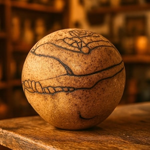 May include: A spherical, light brown decorative object with etched black lines and patterns. The object has a textured surface and is resting on a wooden surface. The etched design includes floral and geometric shapes. The background is blurred, suggesting a shelf.