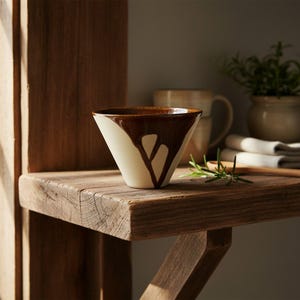 May include: A conical ceramic bowl featuring a cream-coloured base with a dark brown glaze dripping from the rim down the sides. The bowl has a wide opening and a narrow base, showcasing a smooth finish with visible drip patterns.