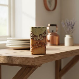 May include: A rectangular ceramic vase featuring a two-tone glaze with a pale yellow top section and a warm orange-brown base. The surface is decorated with embossed, repeating geometric patterns that wrap around the exterior of the vessel.
