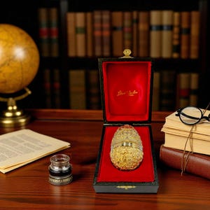 May include: An ornate, gold-coloured egg-shaped object in a black box with a red velvet interior. The egg features detailed floral and geometric designs. The box is open, displaying the egg. A globe, inkwell, and books are in the background.