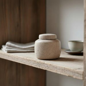 May include: A small, round ceramic jar with a lid, featuring a light beige finish with a dark brown crackle pattern and scattered black speckles. The jar has a smooth, cylindrical body and a flat, circular lid that sits flush on the top rim.