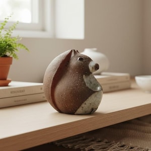 May include: A ceramic squirrel ornament in shades of brown, with a lighter belly and a textured surface. The sculpture has a rounded body and a small, pointed ear. The squirrel is sitting on a wooden surface.