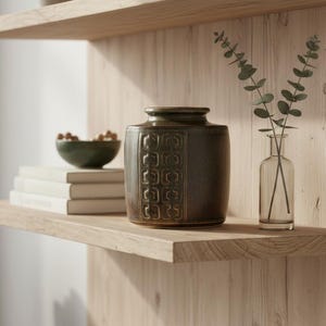 May include: A wooden shelf displays a dark brown ceramic vase with a geometric pattern, a small green bowl, a stack of white books, and a clear glass vase with green stems. The shelf is made of light-coloured wood.