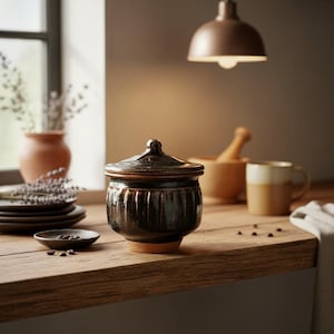 May include: A dark brown ceramic jar with a lid, featuring vertical ribbed detailing. The jar sits on a wooden surface, alongside a small dish, plates, and a mug. The kitchen setting is illuminated by a warm light.