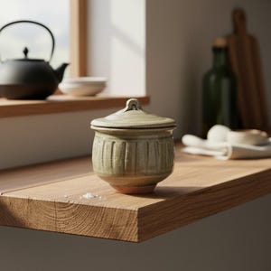 May include: A small, lidded ceramic jar with a light green glaze. The jar has vertical ribbed detailing and a small handle on the lid. It sits on a wooden surface, suggesting kitchen or dining use. A few grains of salt are visible.