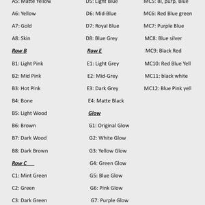 May include: A color chart with various color names and codes, including shades of white, pink, green, and blue. The chart also lists glow colors and multicolor options, useful for design and reference.