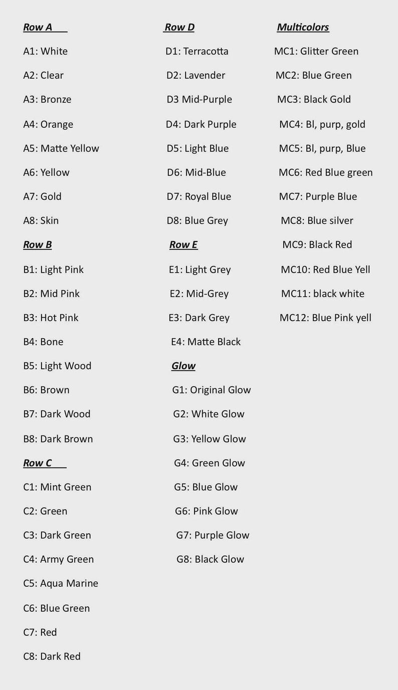 May include: A color chart with various color names and codes, including shades of white, pink, green, and blue. The chart also lists glow colors and multicolor options, useful for design and reference.