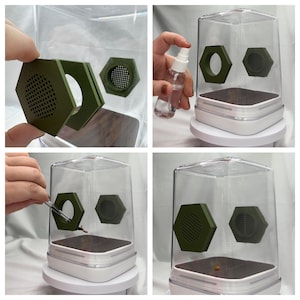 May include: A clear, plastic terrarium with a white base and a dark green, hexagonal ventilation system. The terrarium is shown with its components, including a spray bottle and tweezers, suggesting its use for small animals or plants.