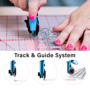 Puede incluir: Un cortador rotatorio azul con un sistema de gu&iacute;a y pista para un corte preciso. El cortador se muestra en uso con una regla transparente con un patr&oacute;n de cuadr&iacute;cula. El texto "Ruler Track" y "Cutter Guide" es visible en la imagen.