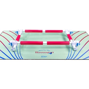 Puede incluir: Un bastidor de acolchado con una estera verde claro con líneas curvas rojas y azules. El marco tiene forma rectangular con cuatro barras rojas y conectores blancos. El texto "Hummingbird" y "Grace" es visible en la estera.