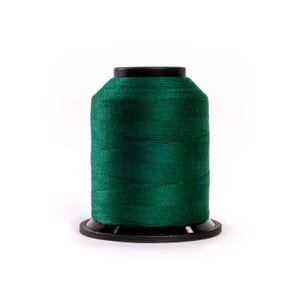 May include: A spool of dark green thread, ideal for sewing or embroidery. The thread is tightly wound around a black plastic spool. The image is set against a clean white background, highlighting the thread's colour and texture.