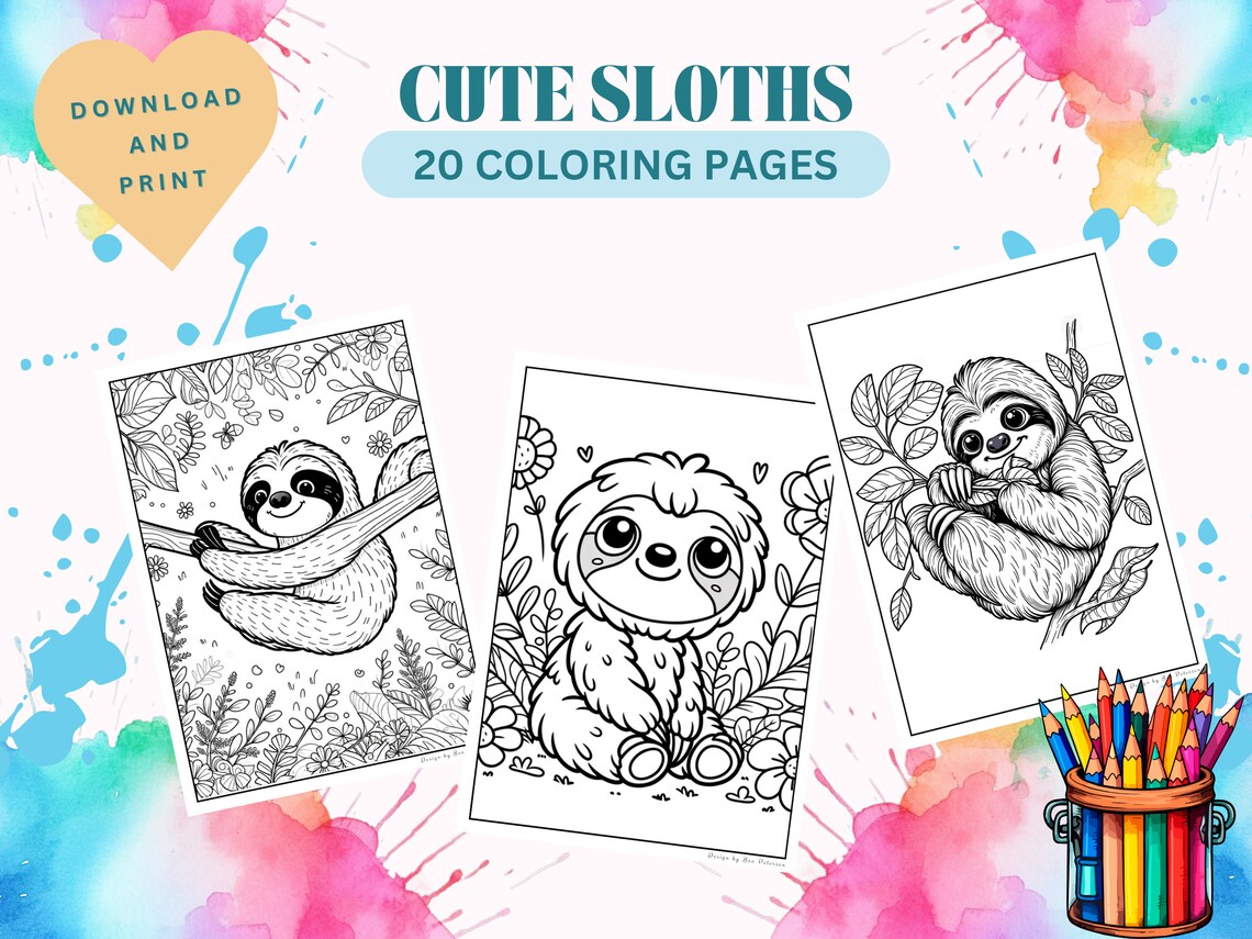 Cute Sloths Coloring Pages Instant Download PDF Cute Sloths Animals