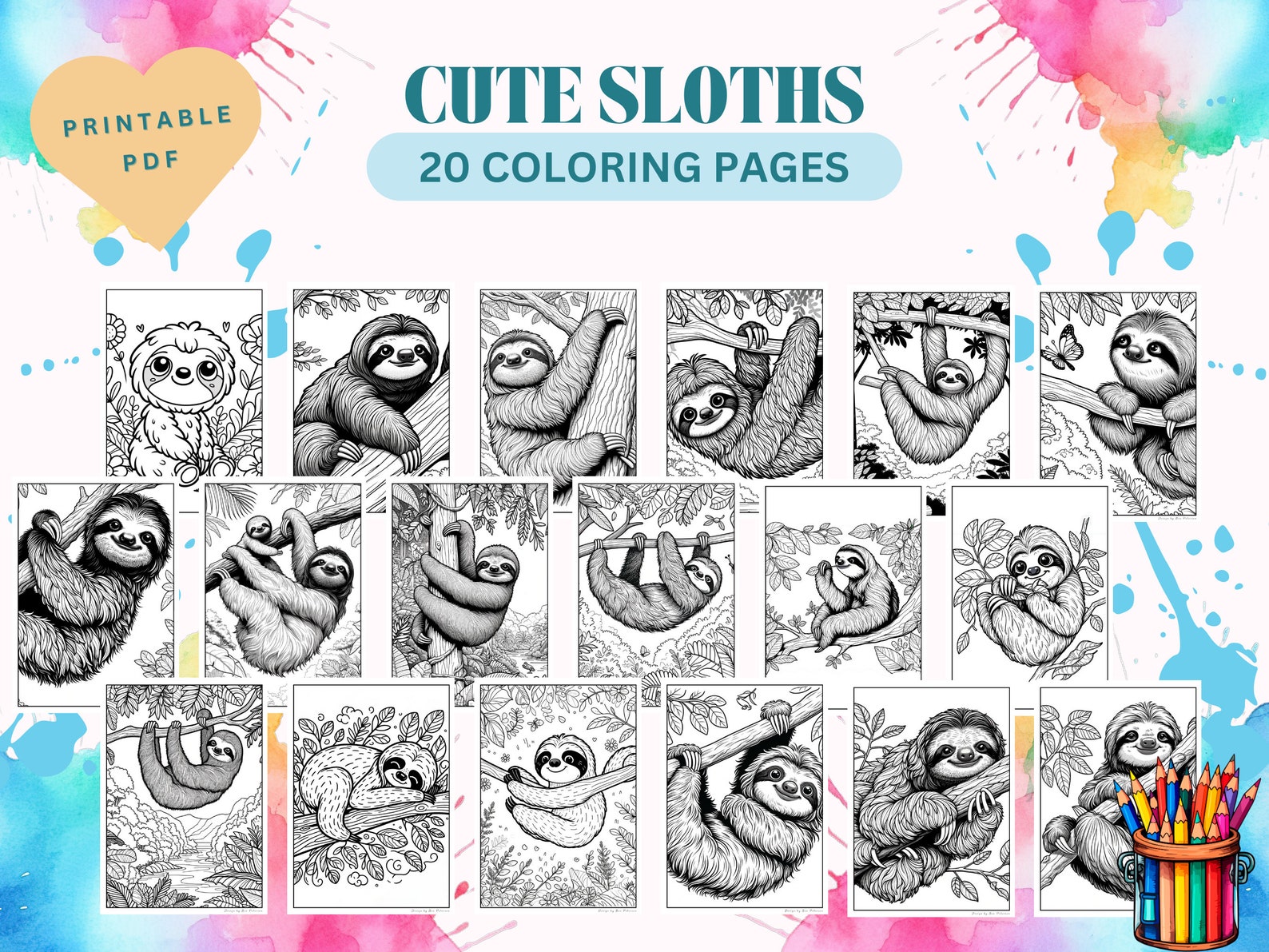 Cute Sloths Coloring Pages Instant Download PDF Cute Sloths Animals