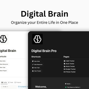 Puede incluir: Captura de pantalla de una computadora que muestra un sitio web para una aplicación de toma de notas llamada "Digital Brain". El sitio web tiene un icono de cerebro en blanco y negro y el texto "Organiza toda tu vida en un solo lugar". El sitio web también tiene una sección para "Atajos" y una sección para "Páginas". La sección "Páginas" enumera diferentes tipos de rastreadores, incluido un rastreador de hábitos, un rastreador de libros, un rastreador de películas, un rastreador de presupuesto y un rastreador de estado físico. El sitio web también tiene una sección para "Alertas". El sitio web está diseñado para ayudar a los usuarios a organizar sus vidas y realizar un seguimiento de su progreso.