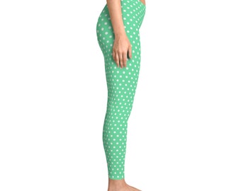 Shade Of Green Polka Dots Stretchy Leggings Design (AOP),Gift For Women,Gift,Gift For Her,Workout Leggings,Leggings,Polka Dots Leggings